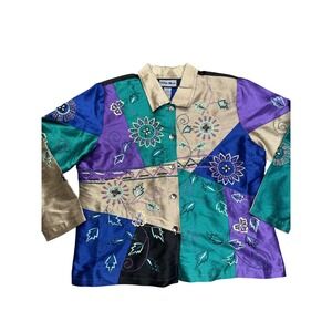 ❌SOLD❌Indigo Moon Floral Patchwork Embroidered Beaded Jacket XL Vintage Art to